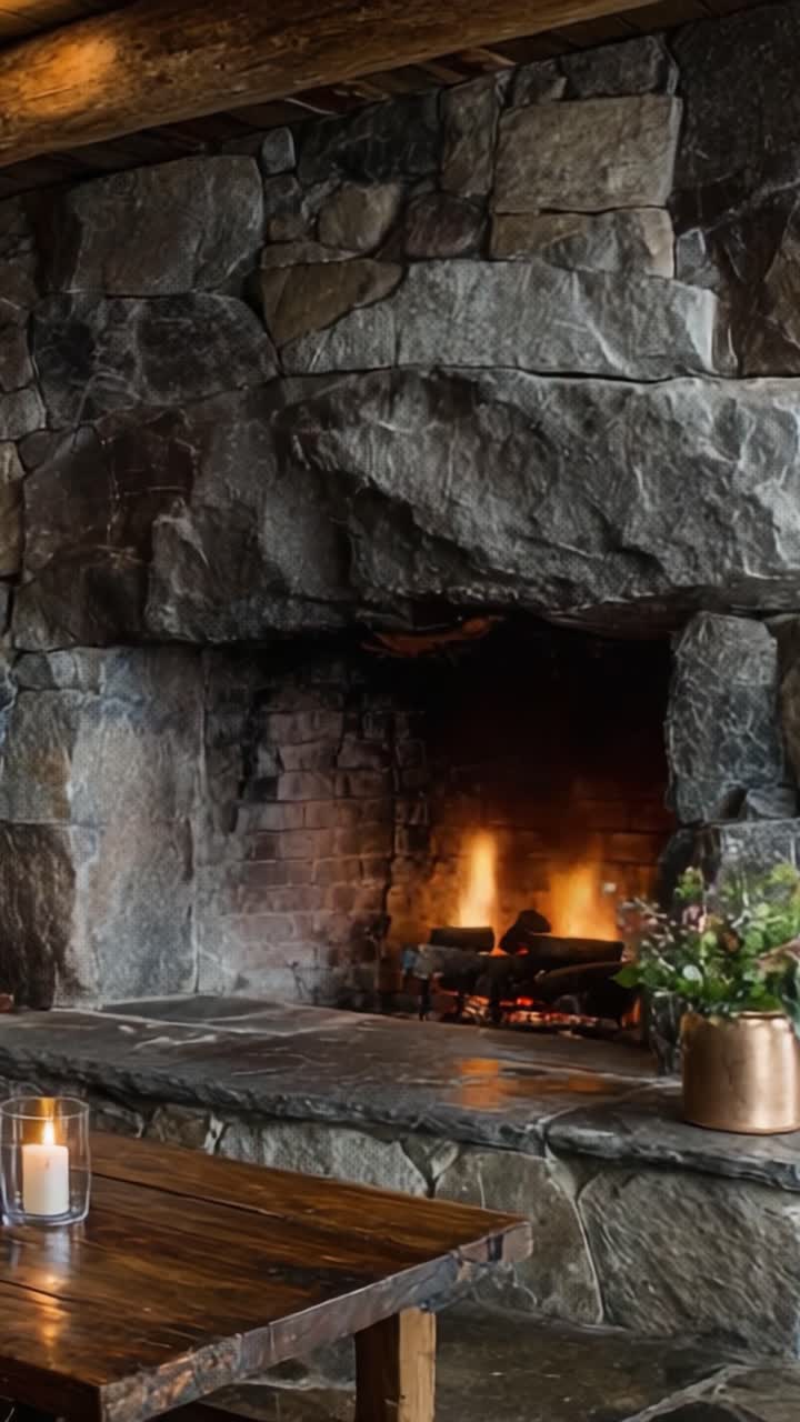 Spazio abitativo accogliente con camino rustico in pietra e fiamme tremolanti, un'atmosfera invitante per il relax e per riunirsi attorno a un focolare caldo.