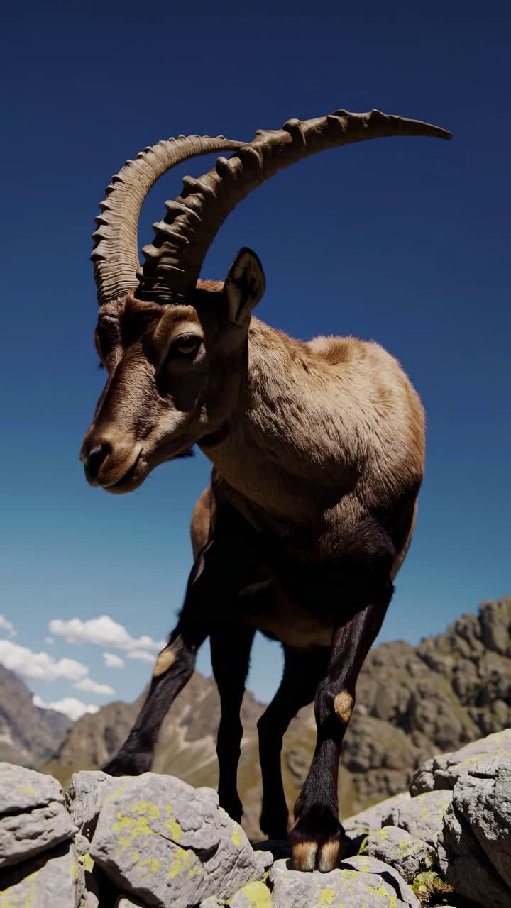 Uma majestosa cabra-montesa está sobre terreno rochoso, capturada em uma tomada de ângulo baixo.