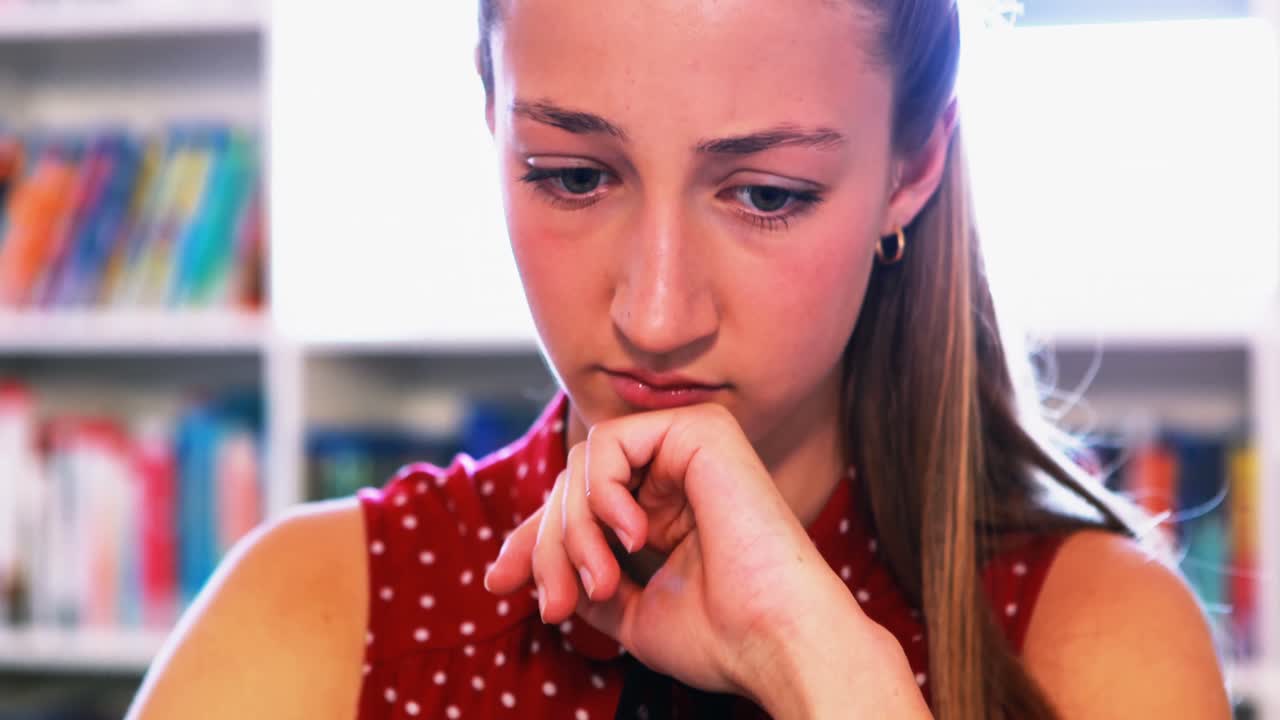niña de escuela usando una computadora portátil en la biblioteca