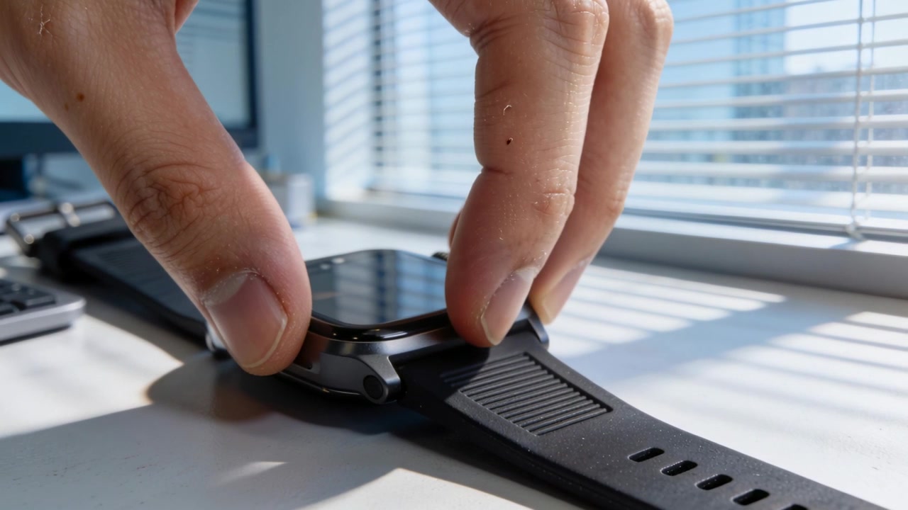 Approaching hand pressing release tab and sliding smartwatch on desk near blinds to remove band