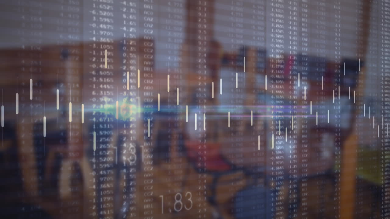 Animation of data processing and diagrams over empty office
