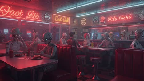 A Futuristic Diner Scene: Robots Enjoying Meals Under Neon Lights in a Retro Atmosphere, Capturing the Intriguing Blend of Technology and Nostalgia