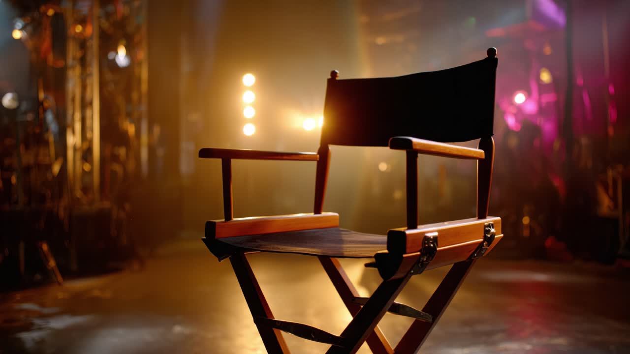 An Empty Director's Chair Bathed in Stage Lights, Symbolizing Creativity, Potential, and the Art of Storytelling within a Theatrical Environment