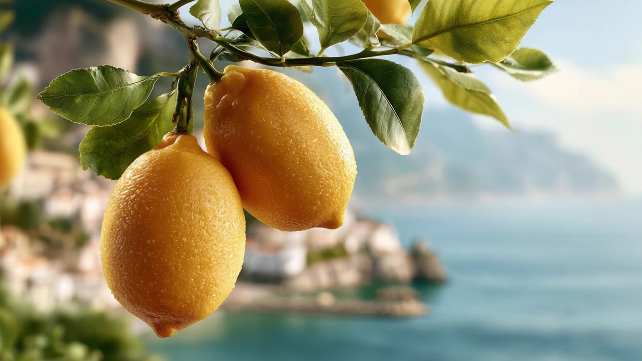 Un Primo Piano di Limoni Freschi e Succosi Appesi a un Ramo Verde Vibrante su uno Splendido Sfondo Costiero, Catturando i Deliziosi Prodotti della Natura