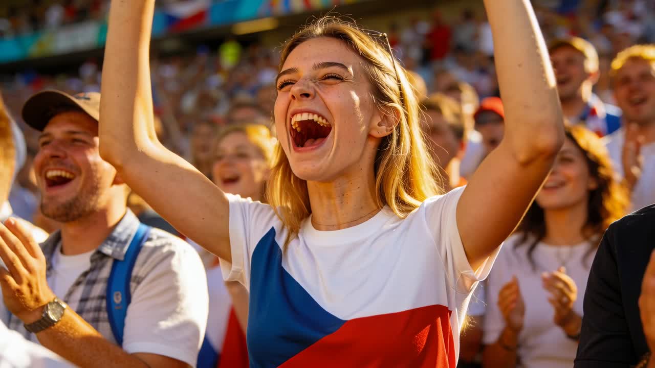 Jublende blond fan reagerer på spil på banen, hæver armene på stadion, iført rød-blå t-shirt og solbriller.