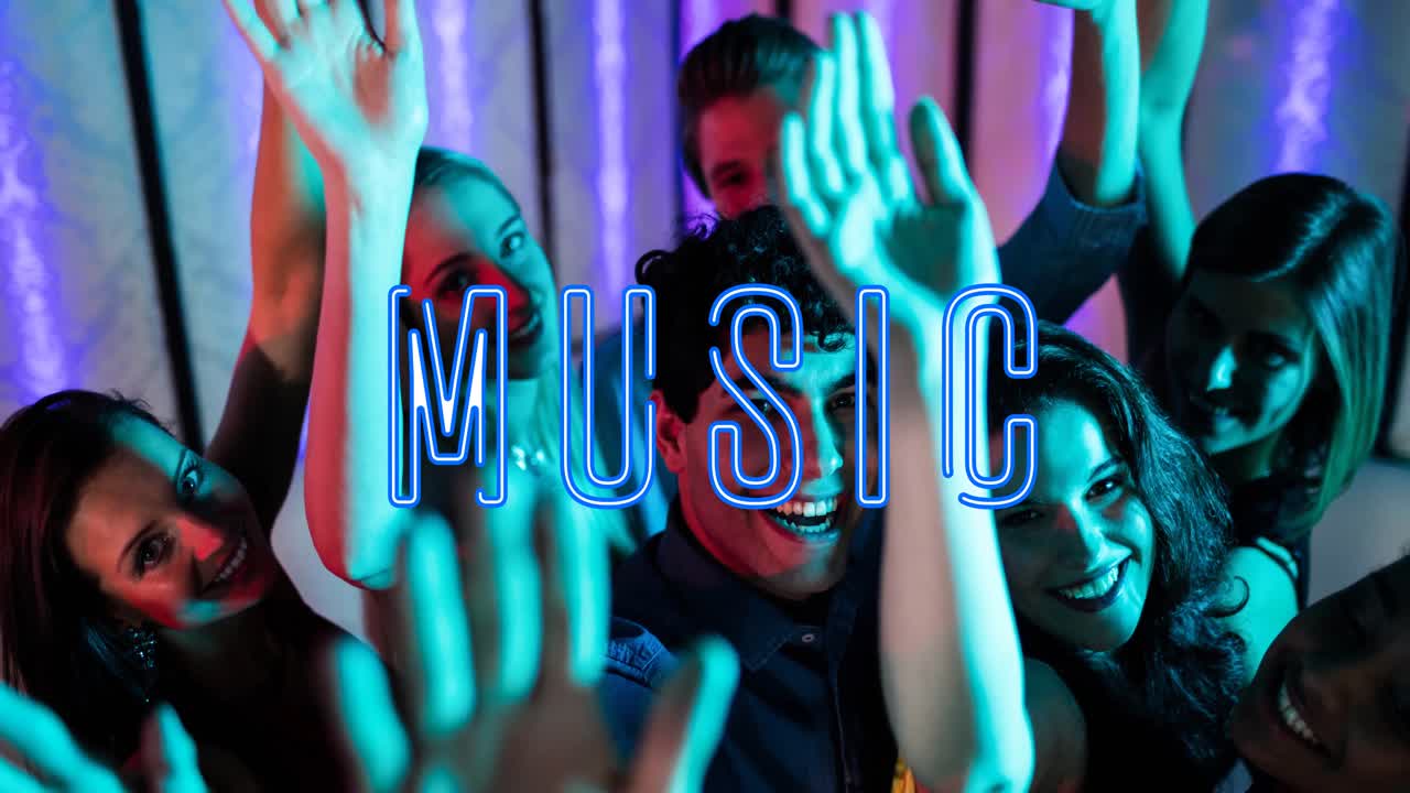 레트로 음악 텍스트의 애니메이션 친구 그룹이 재미를 느끼고 있습니다.