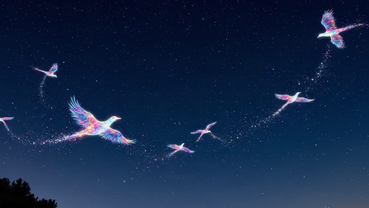 A mesmerizing display of ethereal birds soaring through a starry night sky, leaving colorful trails of stardust as they gracefully navigate the cosmic expanse above