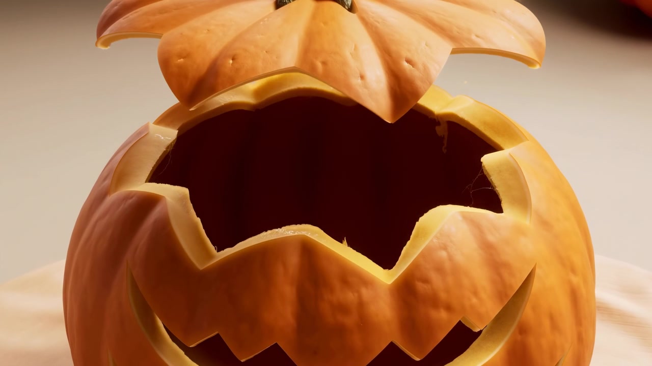 Primo piano del movimento del coperchio di una zucca intagliata (jack-o'-lantern) che si solleva per esporre l'interno vuoto e cavo con sottili filamenti di polpa che pendono all'interno, luce soffusa da studio che enfatizza la texture arancione, atmosfera festiva stagionale.