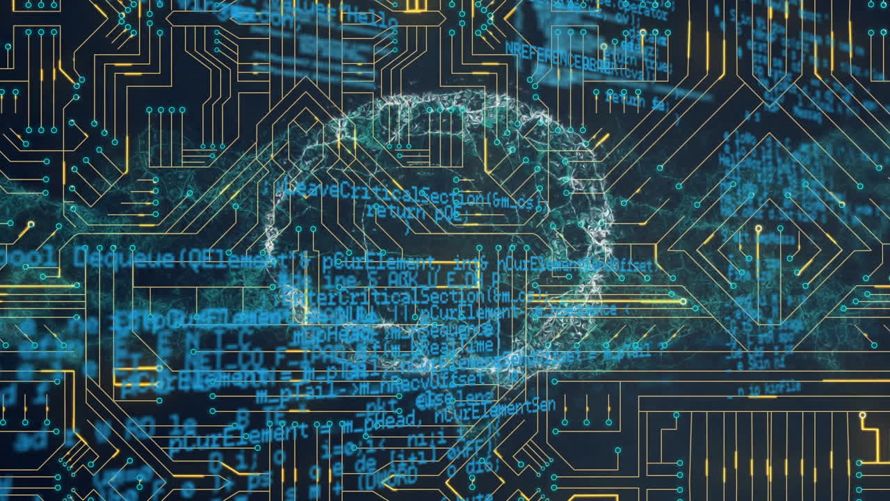 Animation of digital screen with brain, connections and integrated circuit