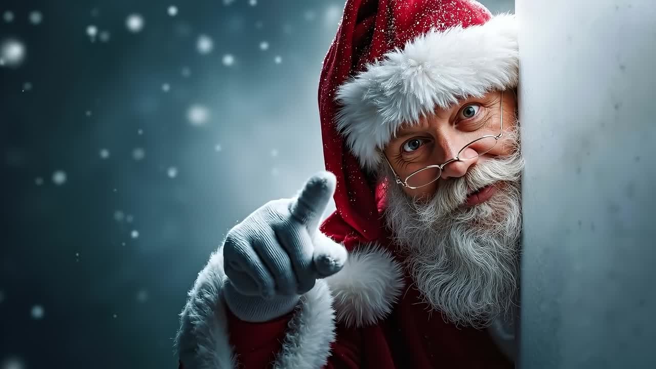 A man in a santa claus outfit pointing at the camera