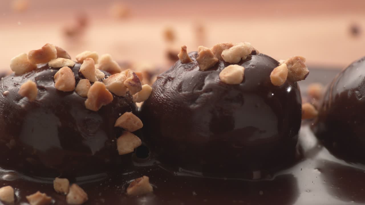 nueces vertiendo sobre trufas de chocolate en cámara súper lenta.