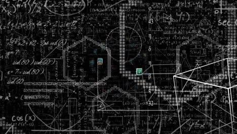 múltiples iconos digitales sobre ecuaciones matemáticas y diagramas contra un fondo negro