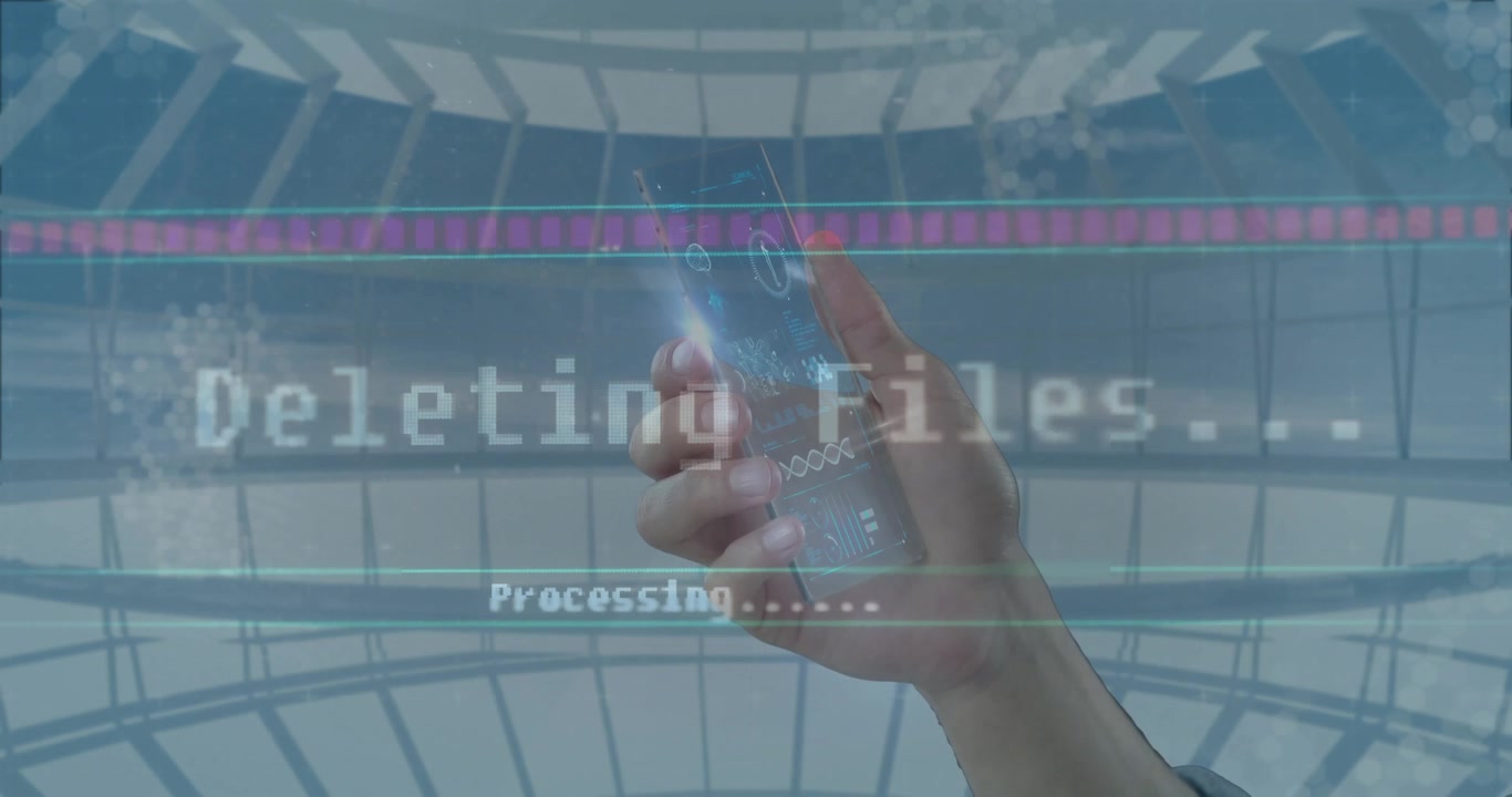 User touching smartphone screen deleting files and aligning holographic panels for processing