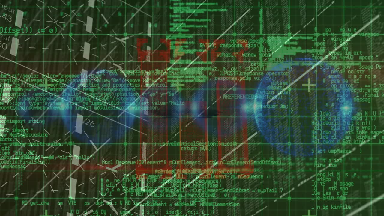 Animation of abstract shapes with digital code overlay on green background