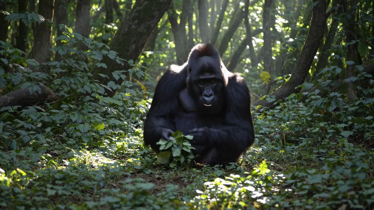 A low-angle video still of a gorilla in a lush forest, surrounded by sunlight filtering