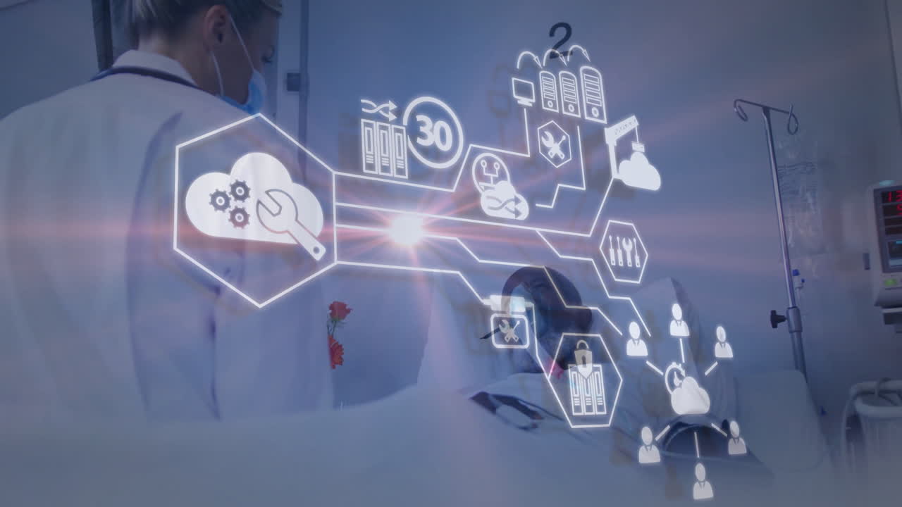 Overlaying healthcare technology icons, medical professionals assisting patient in hospital setting