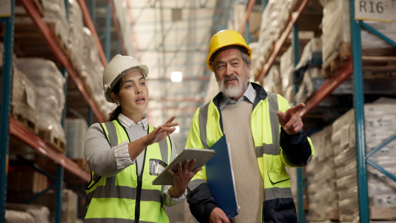 Warehouse workers inspecting inventory with tablet