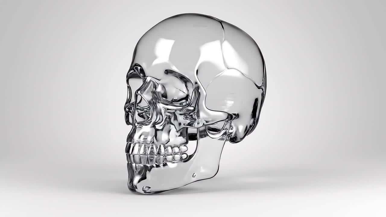 Rendering 3D rotante di un teschio umano metallico