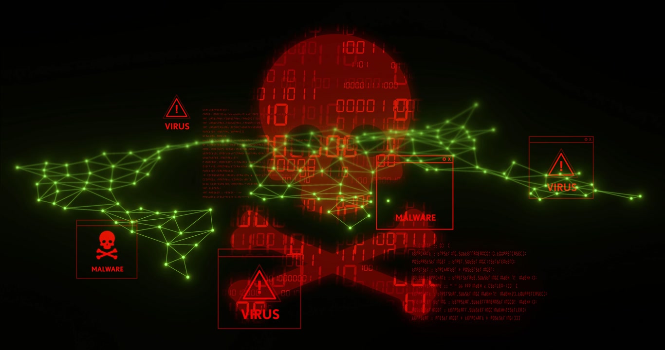 System scan starting red skull forming, green mesh pulsing and warnings focusing in cybersecurity