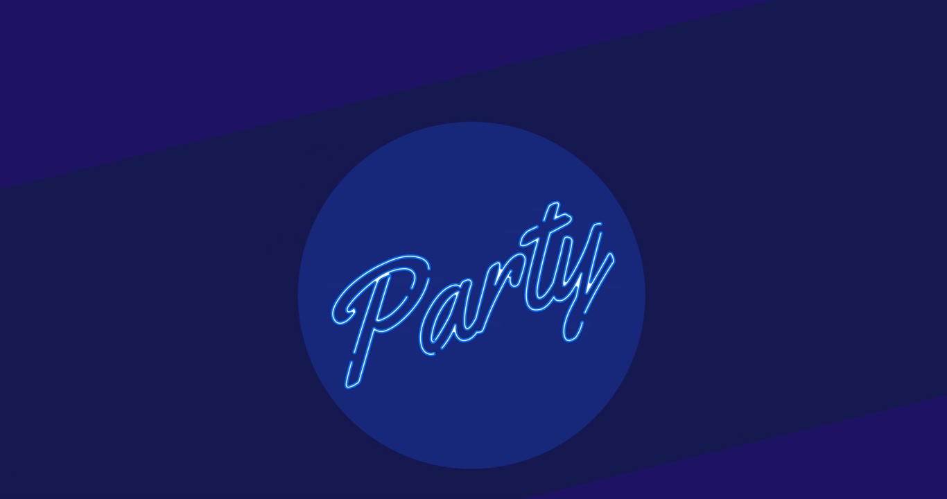 Animation of neon party text over blue background