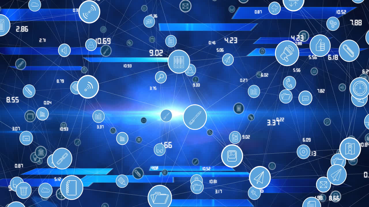Animation of network of connections with digital icons on blue background