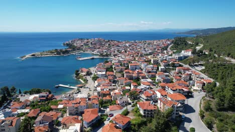 Neos Marmaras in Halkidiki Greece, Aerial Panoramic View of Coastal Village, City Center and Port View, Dolly Shot