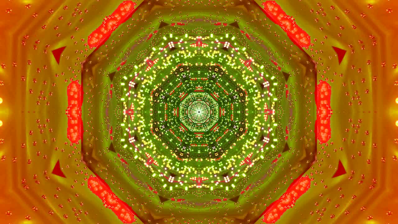 Un tunnel al neon crea un motivo vorticoso di luci in verde, rosso e giallo. Il video offre uno sfondo vibrante che scorre e cambia, perfetto per vari progetti visivi e presentazioni.