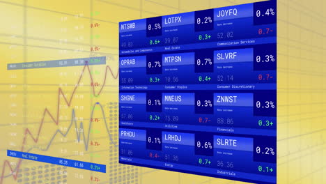 animación del procesamiento de datos estadísticos y bursátiles contra un fondo de gradiente amarillo