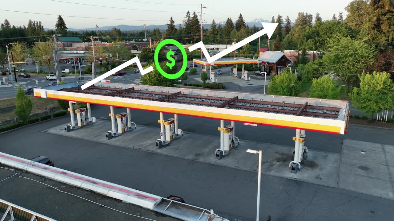 비어 있는 주유소 위 에 있는 인플레이션 애니메이션