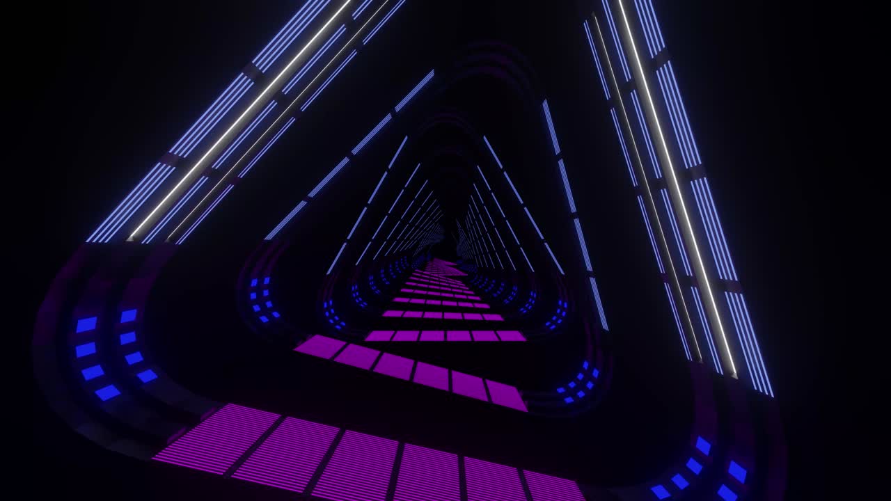 Flying into a triangular straight spaceship tunnel. Futuristic technology sci fi abstract looping 3D rendered animation for VJ and tech titles.