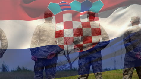 animation of flag of croatia over diverse male soldiers