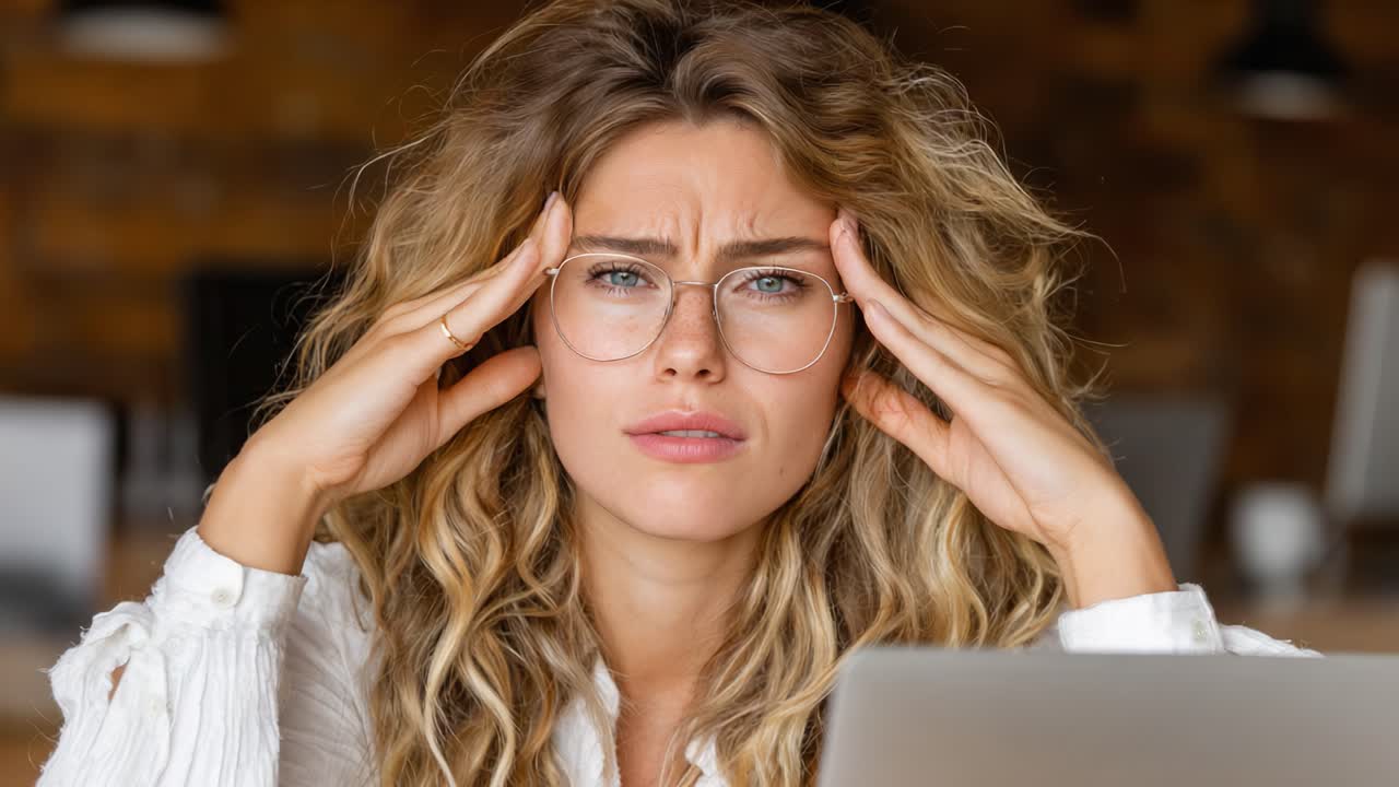 A Young Woman in Distress: Stress and Frustration Captured in Two Frames as She Feels Overwhelmed While Working at a Laptop in a Modern, Cozy Environment