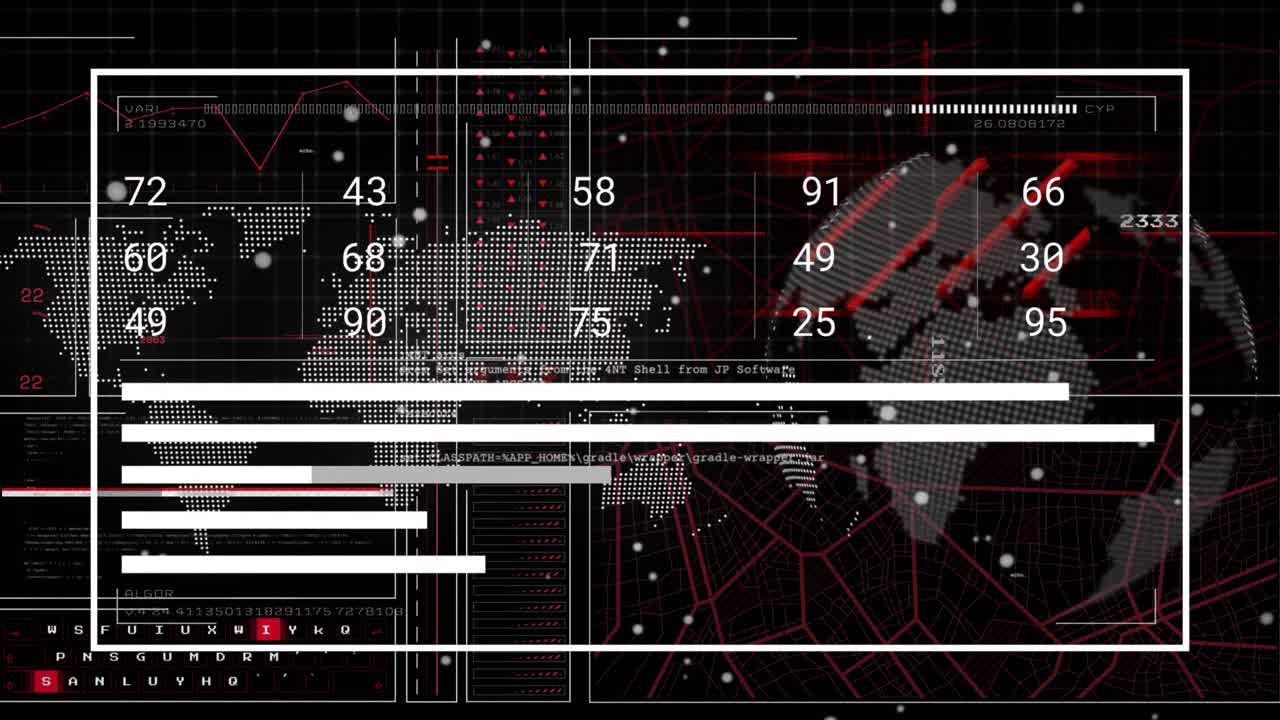 Framed HUD starting via pulse, globe rotating, bars filling numbers updating to monitor global data
