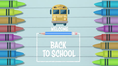 welcome back to school text against multiple crayons and school bus icon