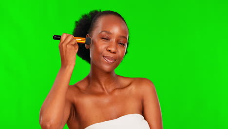 beauty, makeup and black woman with brush on green