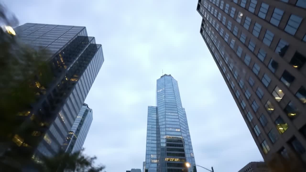 A time-lapse perspective showcases tall skyscrapers soaring towards the cloudy sky in an urban downtown area. The lights in buildings begin to illuminate as dusk settles.