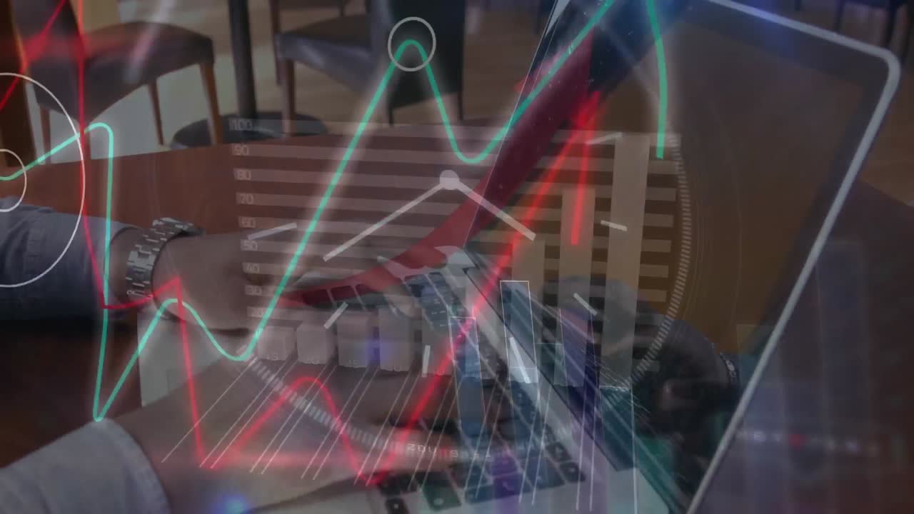 animación del procesamiento de estadísticas sobre un empresario que usa una computadora portátil