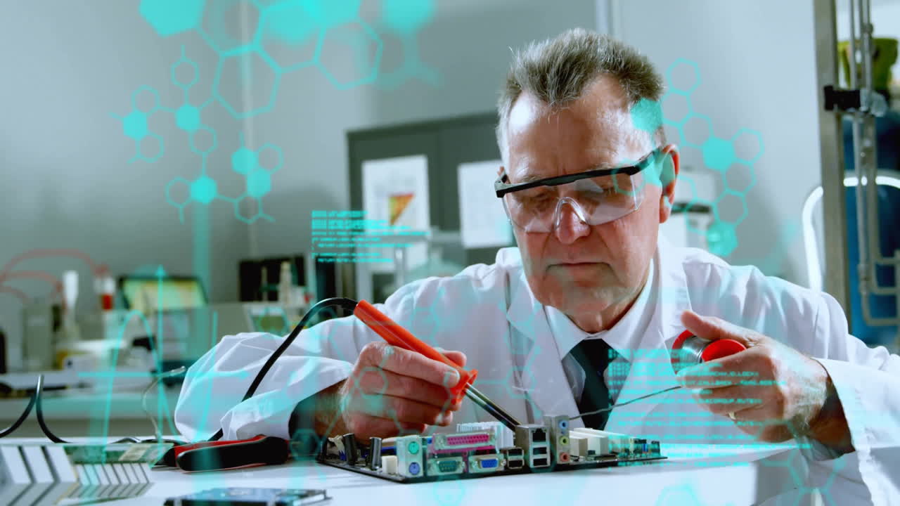 Working on circuit board, technician using animation tools in school laboratory