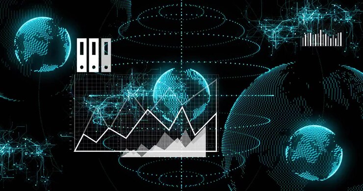 Vertical video: Cyan globes forming data charts with phone appearing, showing tech dashboard