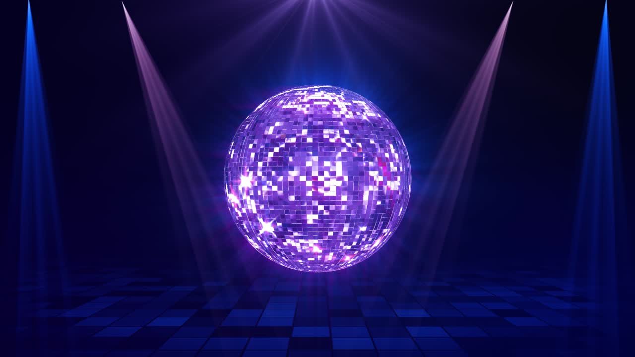 Sfondo per vetrina di festa da discoteca con pista da ballo al neon, sfera da discoteca e fasci di luce spot, sfera da discoteca 3D.