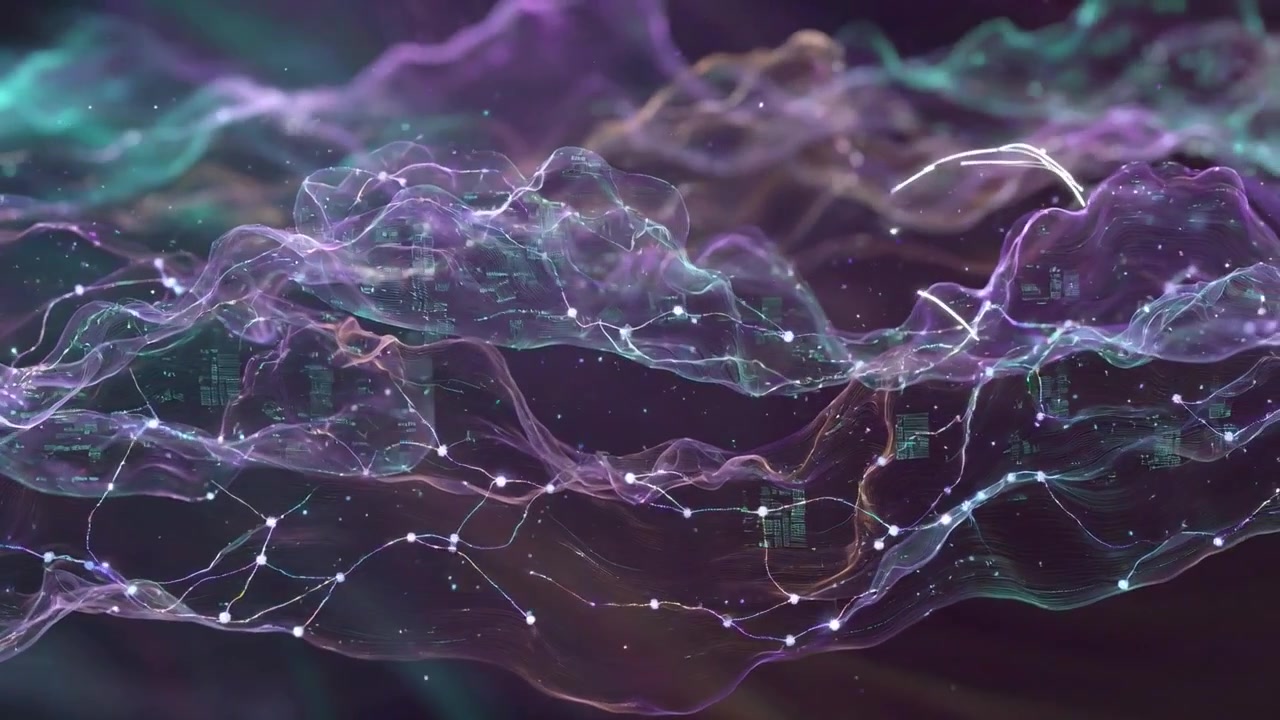 Abstract Digital Network with Flowing Data Waves and Connecting Nodes