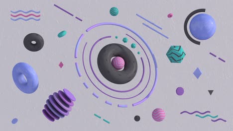 group of colorful textured shapes moving. abstract animation, 3d render.