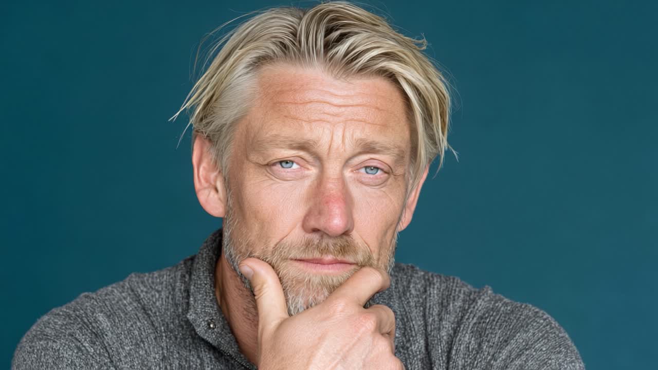 A Reflective Moment: A Close-Up of a Thoughtful Man Contemplating Life's Choices Against a Simple Blue Background