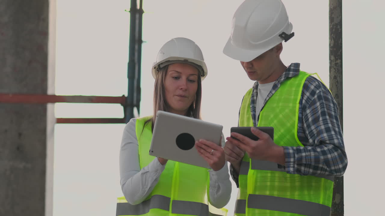 en la construcción con una mujer y un hombre constructores constructores ingenieros caminando a lo largo de ella. edificio en la construcción with a mujer y un varón ingenieros