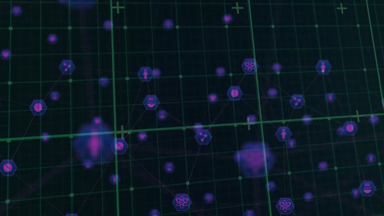 아이콘과 그리드로 연결된 네트워크의 애니메이션