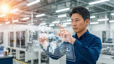 A Focused Professional Interacting with a Transparent Display in a High-Tech Manufacturing Facility, Engaged in Analysis and Data Visualization for Enhanced Productivity