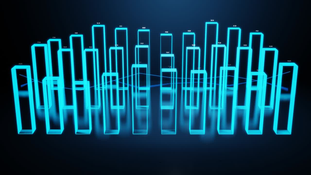 Hologram,beautiful bg with abstract infographics. Holographic bars, counters and graph. 3d columns smoothly move up and down in loop. Financial background of columns and graph for analytical programs.