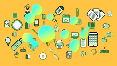 animación digital de la forma líquida de gradiente sobre múltiples iconos de concepto de negocio en fondo amarillo