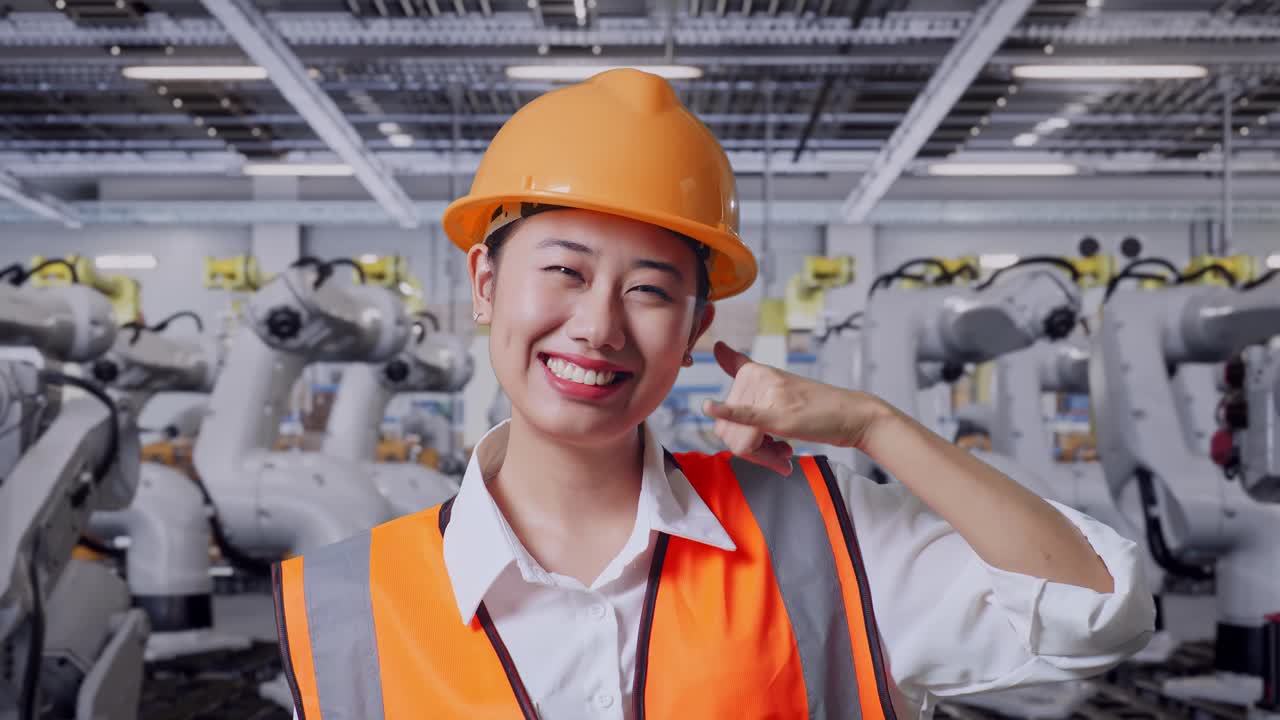 공장에서 엔지니어가 몸짓으로 전화를 합니다.