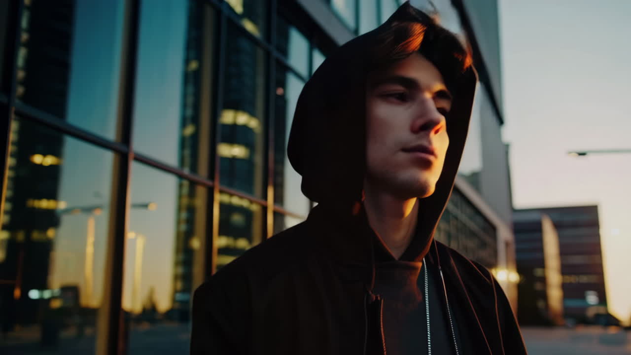 Man Walking in City at Dusk